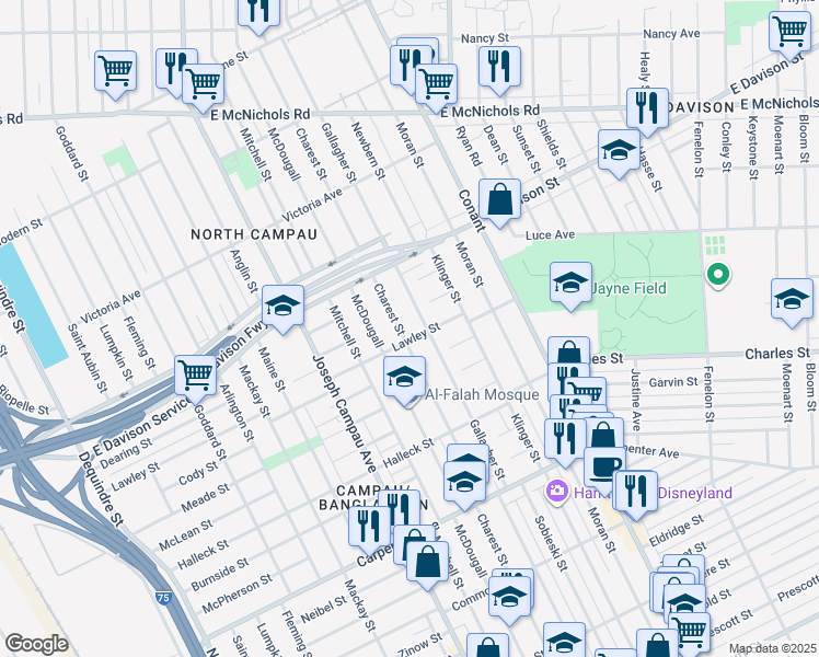 map of restaurants, bars, coffee shops, grocery stores, and more near 13122 Charest Street in Hamtramck