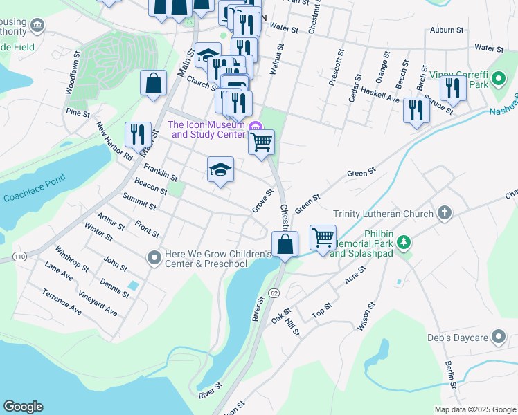 map of restaurants, bars, coffee shops, grocery stores, and more near 50 Grove Street in Clinton