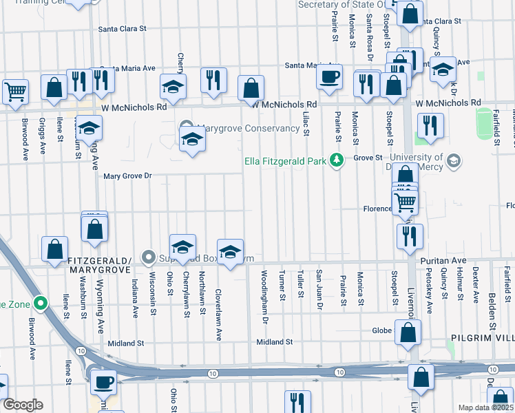 map of restaurants, bars, coffee shops, grocery stores, and more near 16509 Woodingham Drive in Detroit