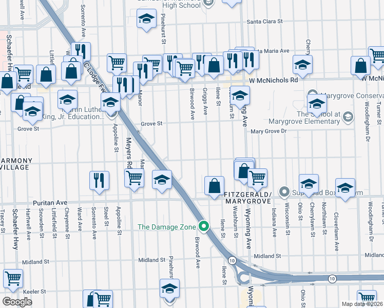 map of restaurants, bars, coffee shops, grocery stores, and more near 16519 Birwood Street in Detroit