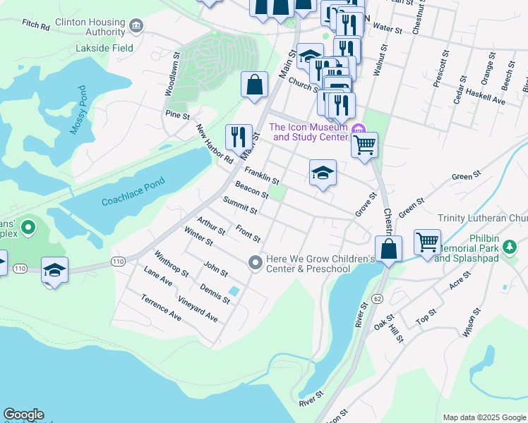 map of restaurants, bars, coffee shops, grocery stores, and more near 74 Summit Street in Clinton