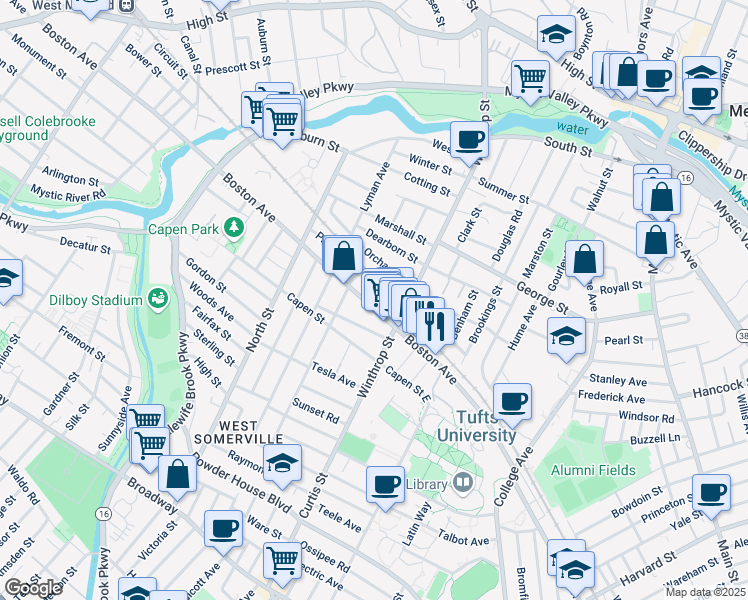map of restaurants, bars, coffee shops, grocery stores, and more near 308 Boston Avenue in Medford
