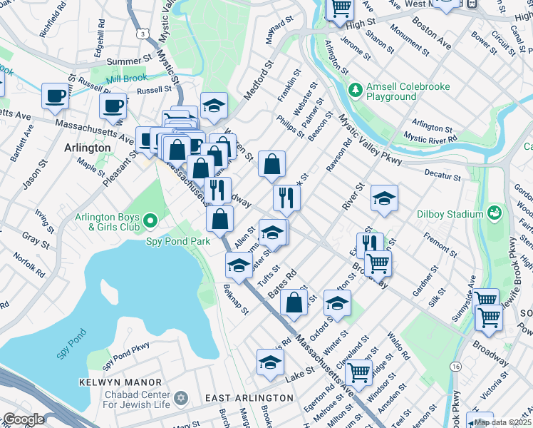 map of restaurants, bars, coffee shops, grocery stores, and more near Broadway & Allen Street in Arlington