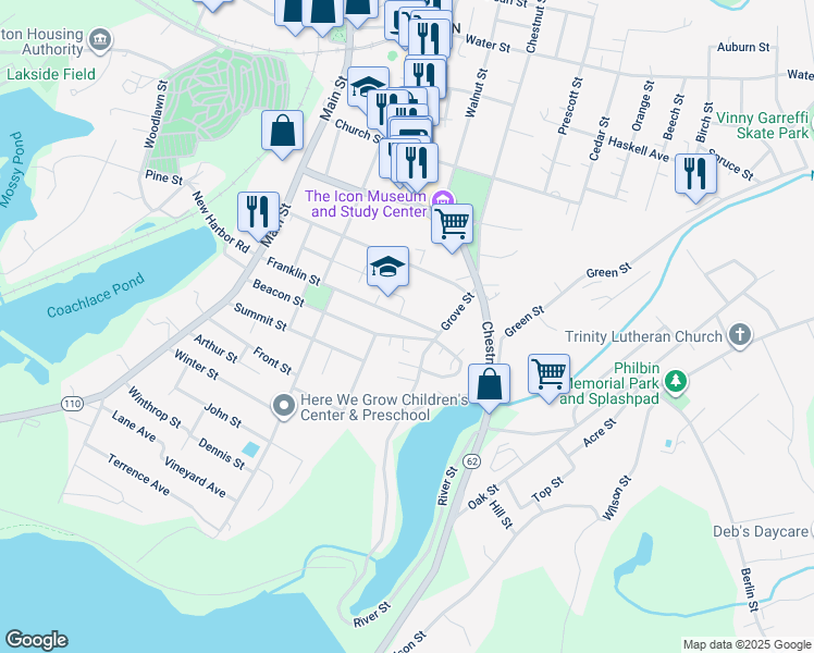 map of restaurants, bars, coffee shops, grocery stores, and more near 157 Franklin Street in Clinton