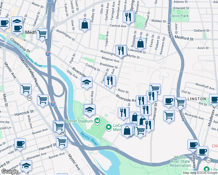 map of restaurants, bars, coffee shops, grocery stores, and more near 306 Riverside Avenue in Medford