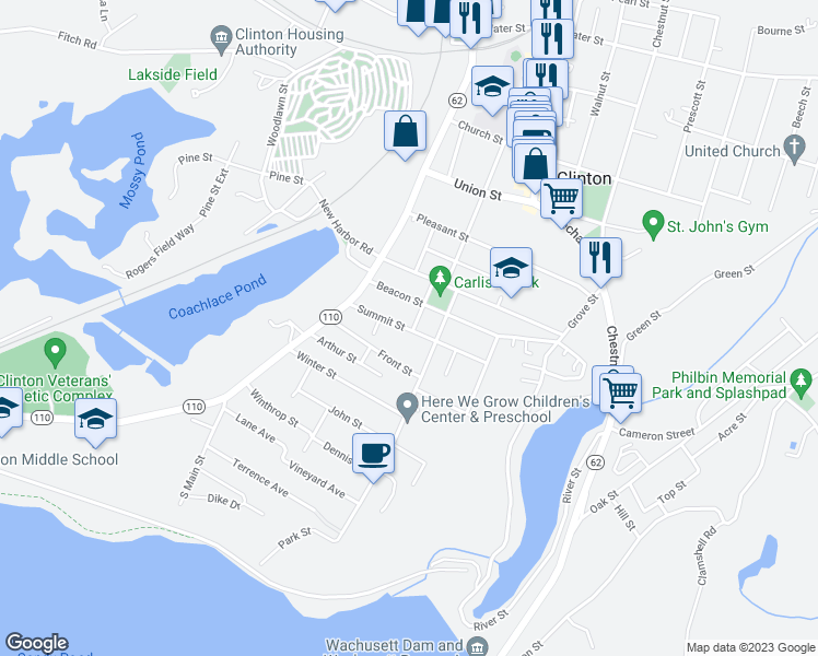 map of restaurants, bars, coffee shops, grocery stores, and more near 34 Clinton Street in Clinton