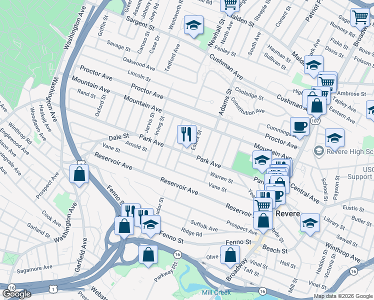 map of restaurants, bars, coffee shops, grocery stores, and more near 313 Park Avenue in Revere