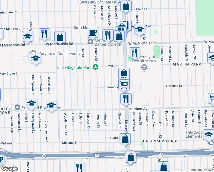 map of restaurants, bars, coffee shops, grocery stores, and more near 16502 Monica Street in Detroit