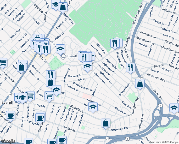 map of restaurants, bars, coffee shops, grocery stores, and more near 30 Dartmouth Street in Everett