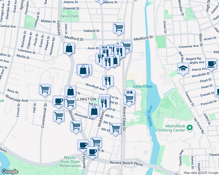map of restaurants, bars, coffee shops, grocery stores, and more near 273 Middlesex Avenue in Medford