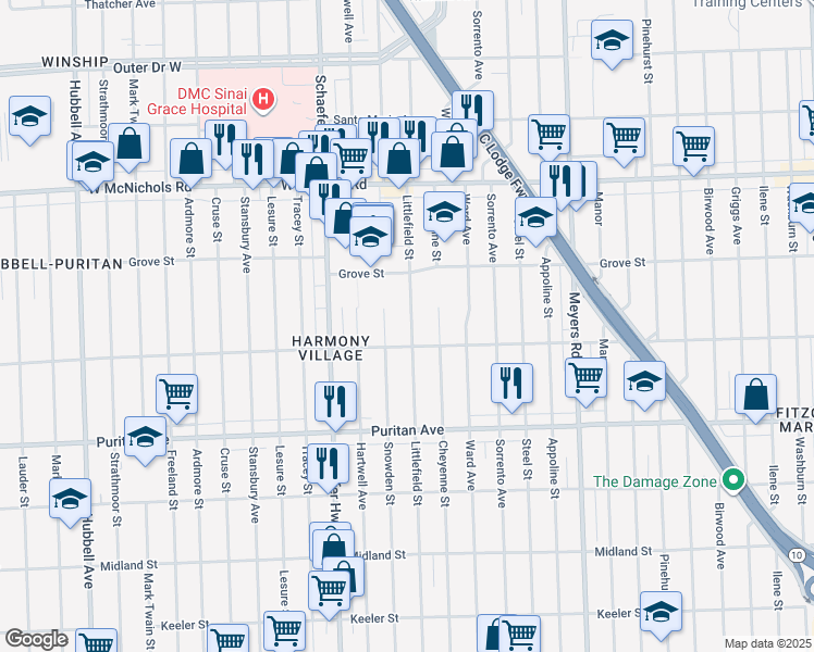 map of restaurants, bars, coffee shops, grocery stores, and more near 16539 Littlefield Street in Detroit