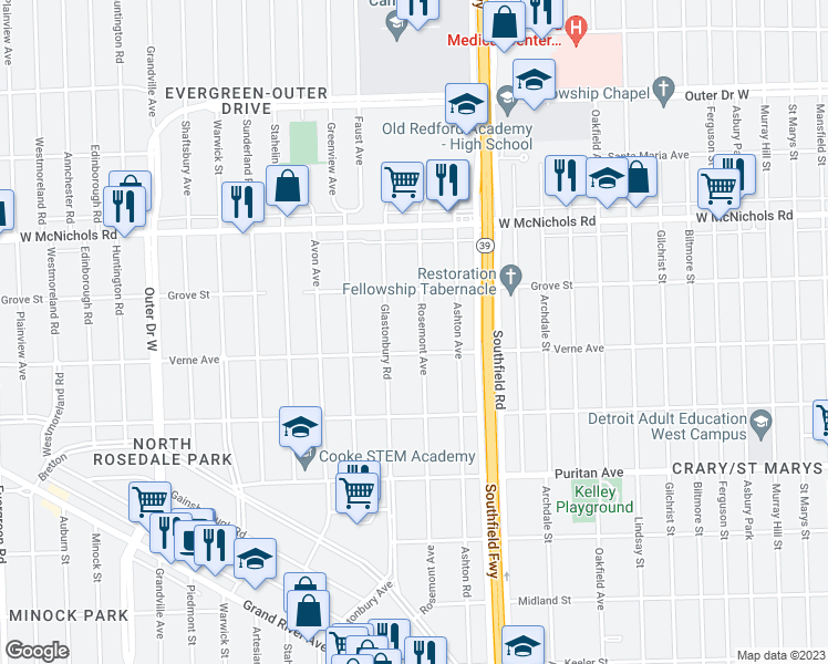 map of restaurants, bars, coffee shops, grocery stores, and more near 16723 Rosemont Avenue in Detroit