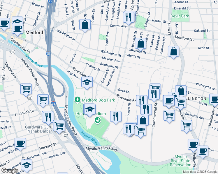 map of restaurants, bars, coffee shops, grocery stores, and more near 306 Riverside Avenue in Medford