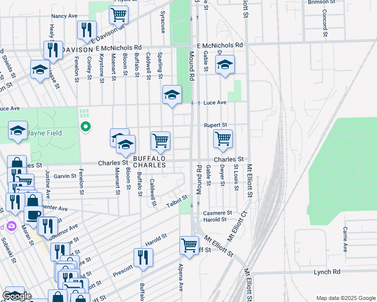 map of restaurants, bars, coffee shops, grocery stores, and more near 12839 Mound Road in Hamtramck