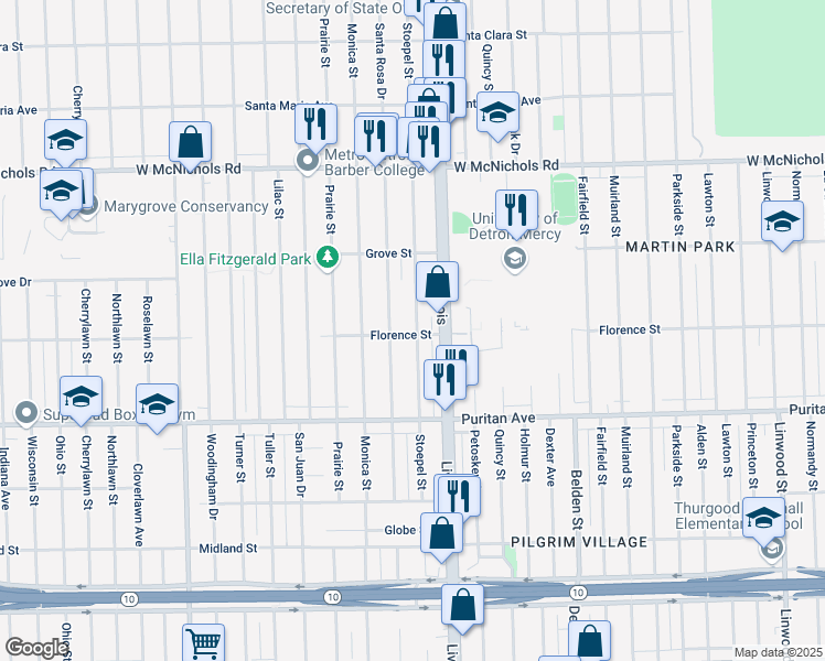map of restaurants, bars, coffee shops, grocery stores, and more near 16503 Stoepel Avenue in Detroit