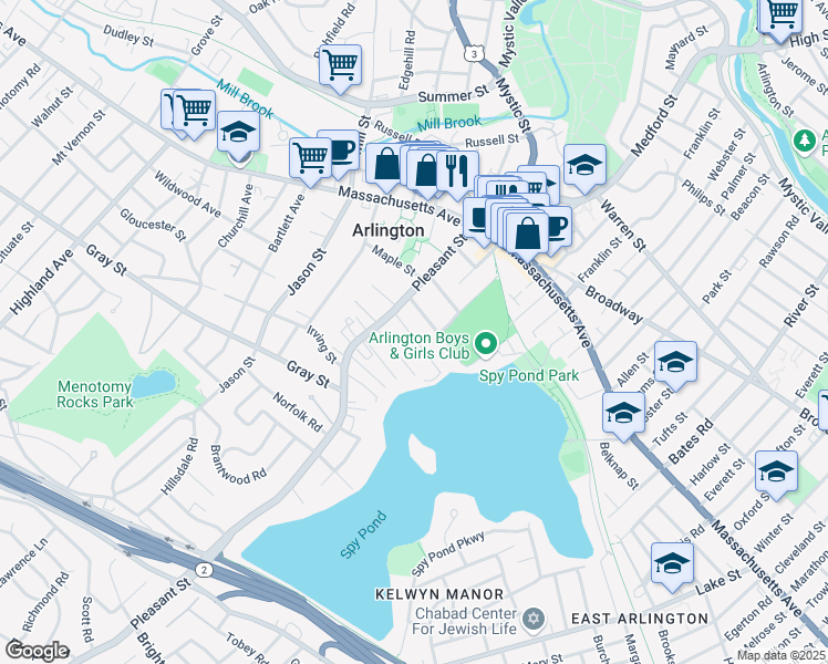 map of restaurants, bars, coffee shops, grocery stores, and more near 10 Addison Street in Arlington