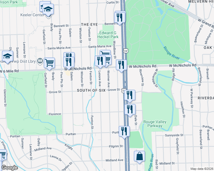 map of restaurants, bars, coffee shops, grocery stores, and more near 16831 Wormer Avenue in Detroit