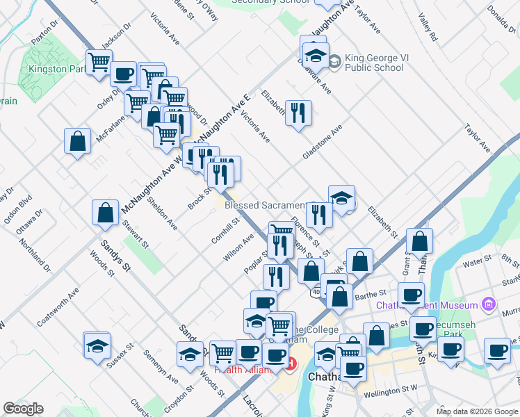 map of restaurants, bars, coffee shops, grocery stores, and more near 178 Joseph Street in Chatham