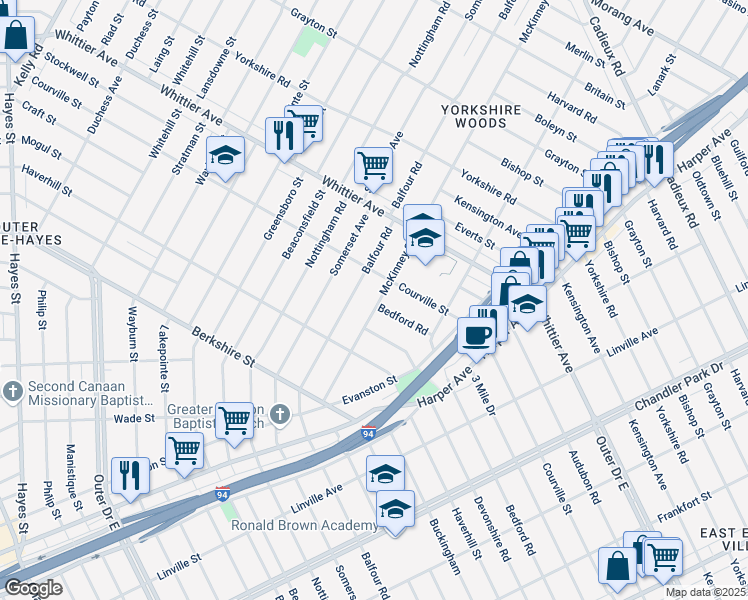 map of restaurants, bars, coffee shops, grocery stores, and more near 9908 Balfour Road in Detroit