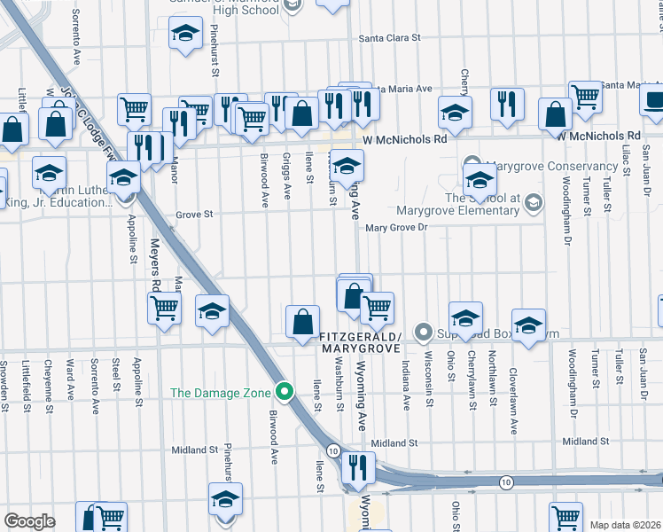 map of restaurants, bars, coffee shops, grocery stores, and more near 16519 Washburn Street in Detroit