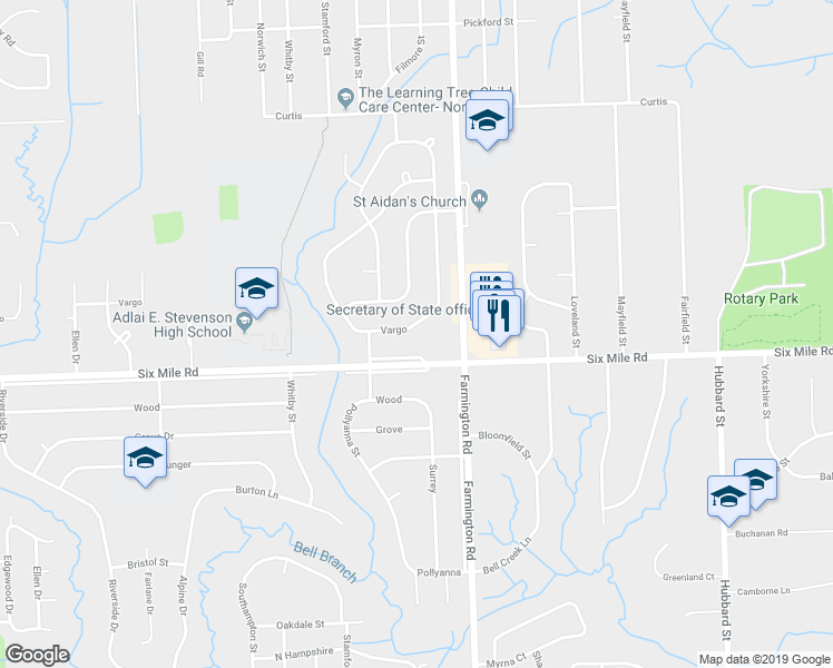 map of restaurants, bars, coffee shops, grocery stores, and more near 33431 Vargo in Livonia