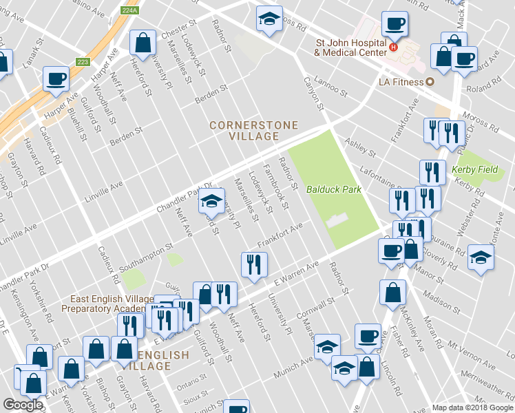 map of restaurants, bars, coffee shops, grocery stores, and more near 5314 Marseilles Street in Detroit