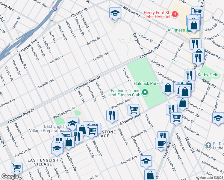 map of restaurants, bars, coffee shops, grocery stores, and more near 5314 Marseilles Street in Detroit