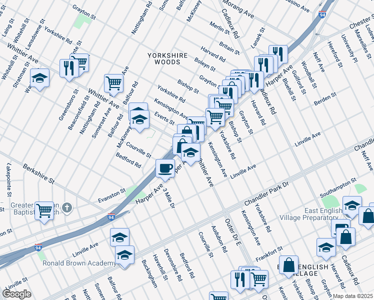map of restaurants, bars, coffee shops, grocery stores, and more near 9001-9035 Whittier Street in Detroit