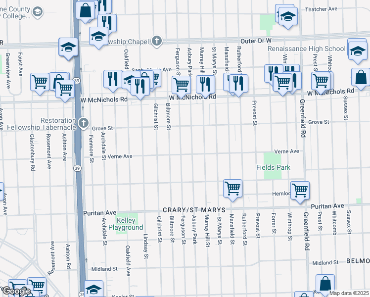 map of restaurants, bars, coffee shops, grocery stores, and more near 16712 Ferguson St in Detroit