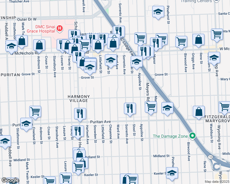 map of restaurants, bars, coffee shops, grocery stores, and more near 16537 Ward Avenue in Detroit