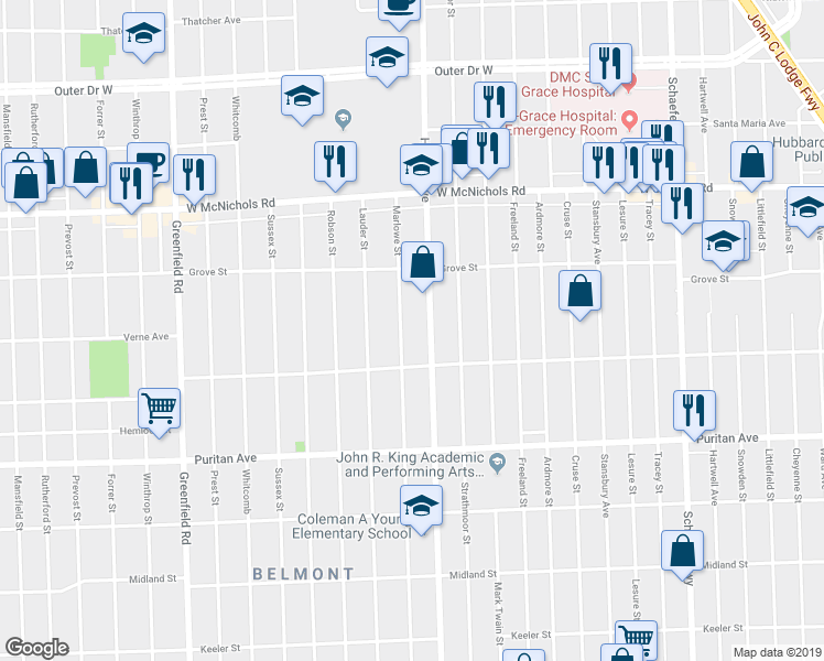 map of restaurants, bars, coffee shops, grocery stores, and more near 16570 Marlowe Street in Detroit