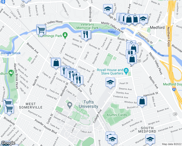 map of restaurants, bars, coffee shops, grocery stores, and more near 77 Brookings Street in Medford