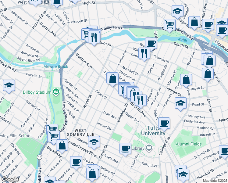 map of restaurants, bars, coffee shops, grocery stores, and more near 24 Hillsdale Road in Medford