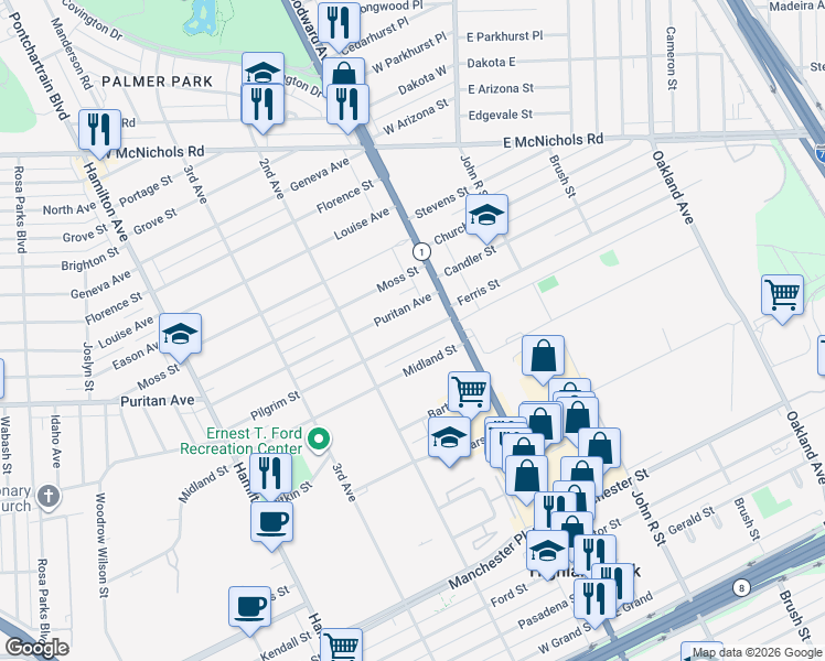 map of restaurants, bars, coffee shops, grocery stores, and more near 42 Pilgrim Street in Highland Park