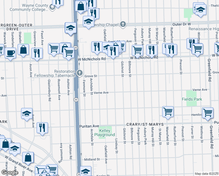 map of restaurants, bars, coffee shops, grocery stores, and more near 16718 Oakfield Avenue in Detroit