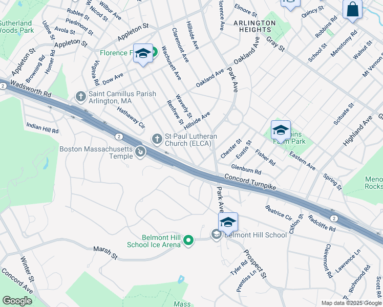 map of restaurants, bars, coffee shops, grocery stores, and more near 146 George Street in Arlington