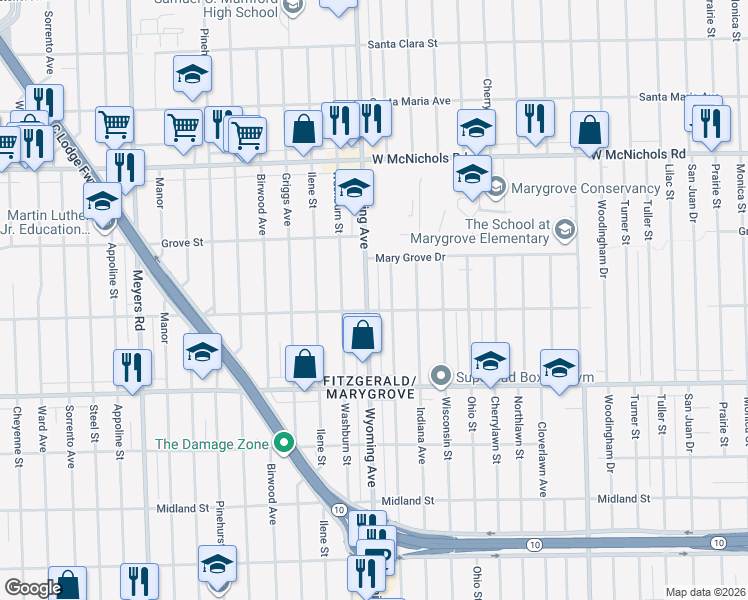 map of restaurants, bars, coffee shops, grocery stores, and more near 16520 Wyoming Avenue in Detroit