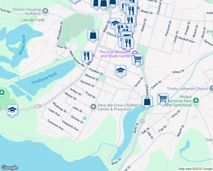 map of restaurants, bars, coffee shops, grocery stores, and more near 91 Beacon Street in Clinton