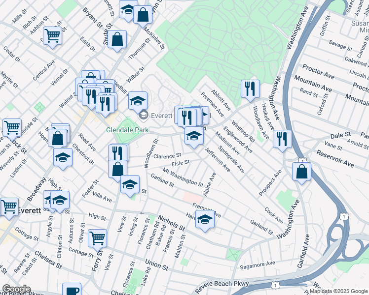 map of restaurants, bars, coffee shops, grocery stores, and more near 30 Harvey Street in Everett