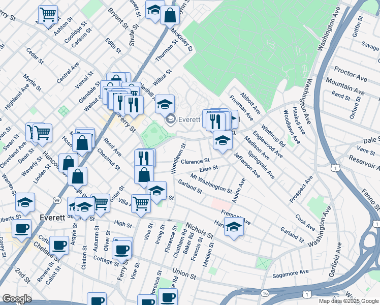 map of restaurants, bars, coffee shops, grocery stores, and more near 23 Griswold Street in Everett