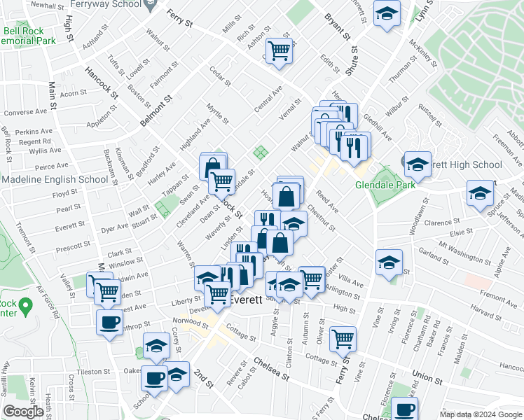 map of restaurants, bars, coffee shops, grocery stores, and more near 8 Sherman Street in Everett