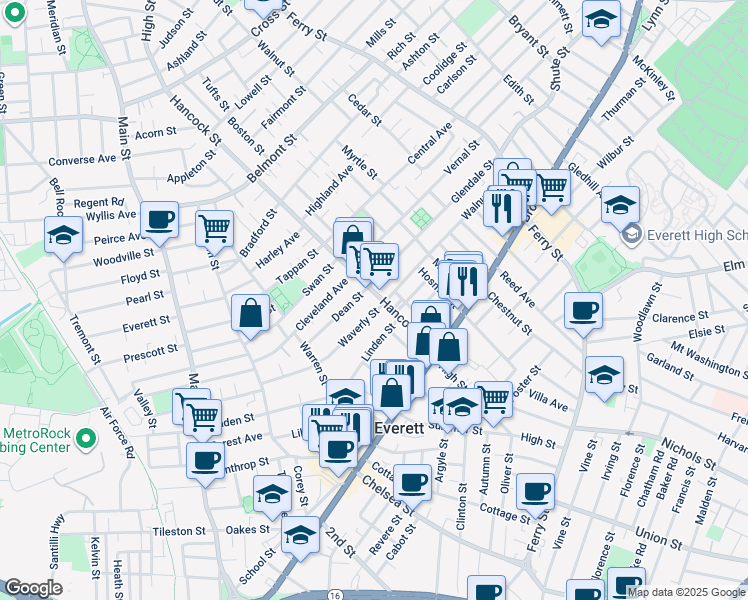 map of restaurants, bars, coffee shops, grocery stores, and more near 67 Dean Street in Everett