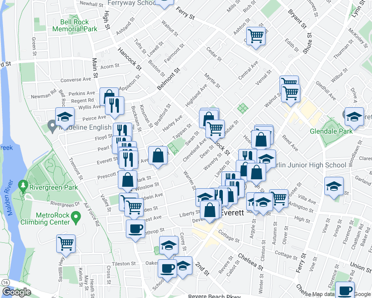map of restaurants, bars, coffee shops, grocery stores, and more near 63 Swan Street in Everett