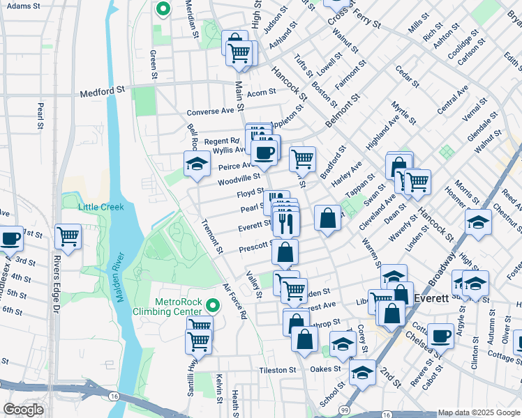 map of restaurants, bars, coffee shops, grocery stores, and more near 18 Pearl Street in Everett