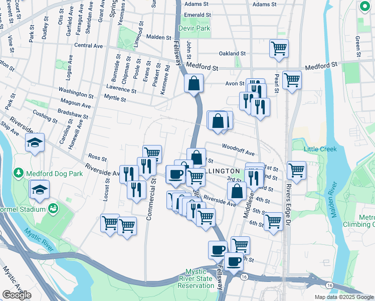 map of restaurants, bars, coffee shops, grocery stores, and more near 862 Fellsway in Medford