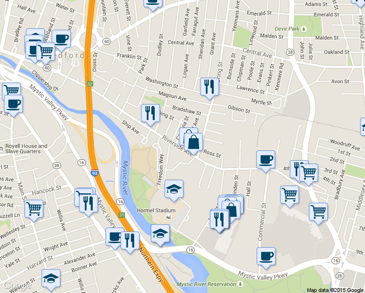 map of restaurants, bars, coffee shops, grocery stores, and more near 306 Riverside Avenue in Medford