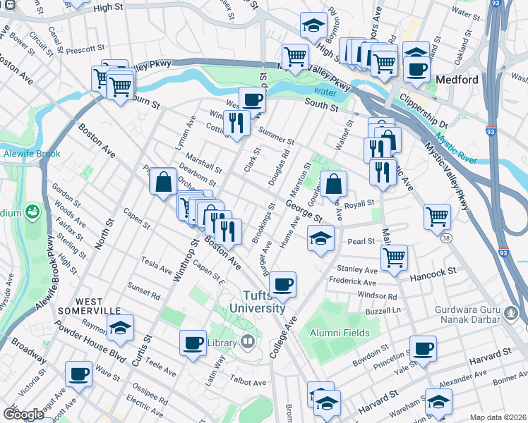 map of restaurants, bars, coffee shops, grocery stores, and more near 77 Brookings Street in Medford