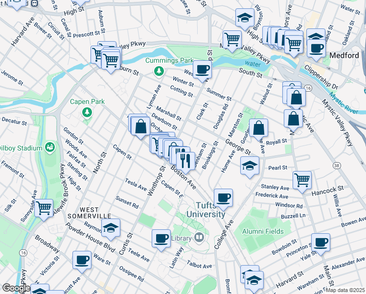 map of restaurants, bars, coffee shops, grocery stores, and more near 2 Charnwood Road in Medford