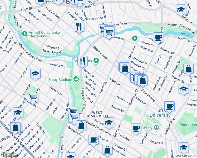 map of restaurants, bars, coffee shops, grocery stores, and more near 29 Gordon Street in Somerville