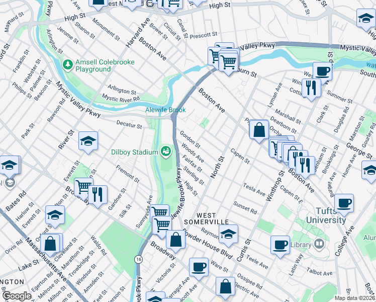 map of restaurants, bars, coffee shops, grocery stores, and more near 70 Woods Avenue in Somerville